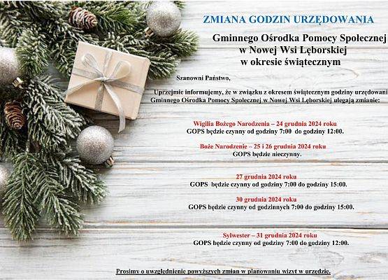 Zmiana godzin funkcjonowania Ośrodka w dniach 24 i 31.12.2024 r. grafika